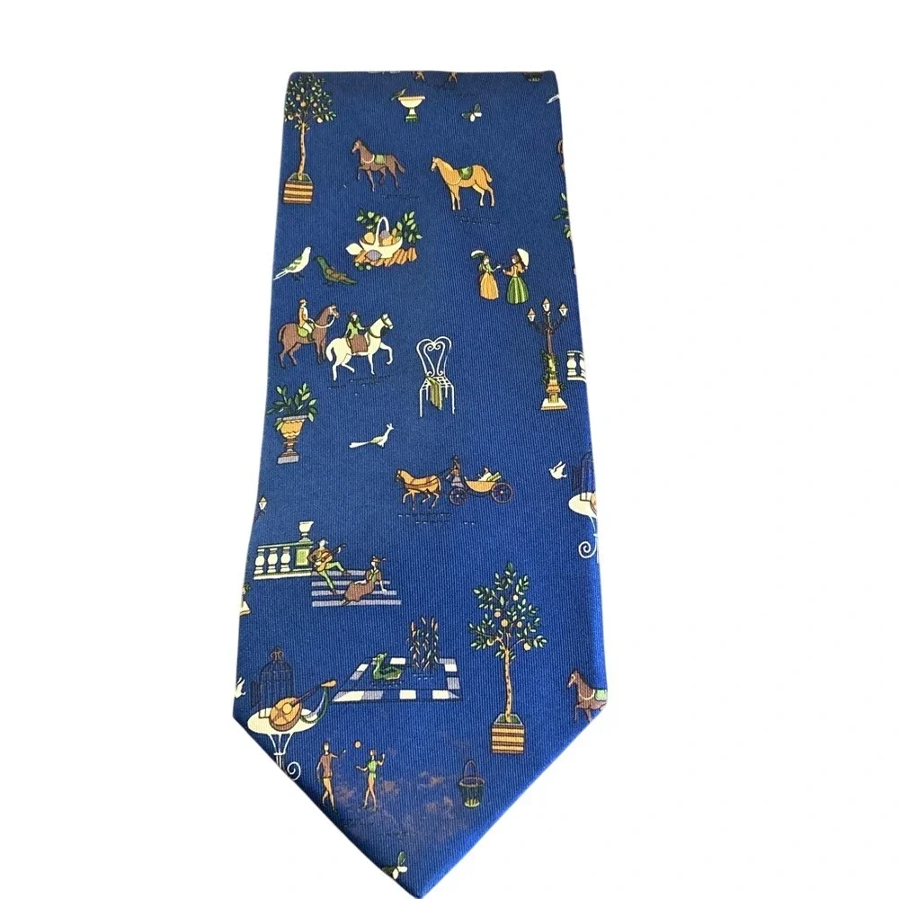 FERRAGAMO Renaissance Equestrian Printed Tie 100%‎ Silk Blue Multi Made In Italy